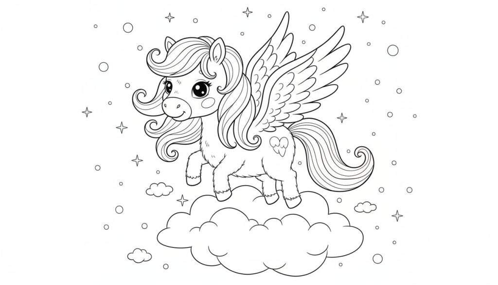 Een schattige gevleugelde pony met grote ogen en krullende manen staat op een grote wolk, met kleine sterretjes en stipjes eromheen. Zwart-wit lijntekening voor kleurplaat.