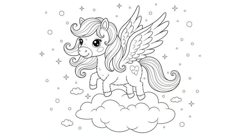 Een schattige gevleugelde pony met grote ogen en krullende manen staat op een grote wolk, met kleine sterretjes en stipjes eromheen. Zwart-wit lijntekening voor kleurplaat.