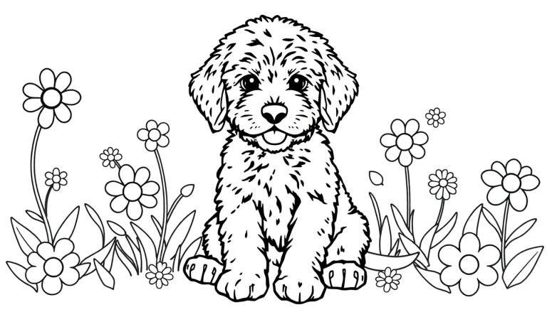 Een zwart-wit lijntekening van een schattige puppy met grote ogen, zittend te midden van diverse bloemen en gras.