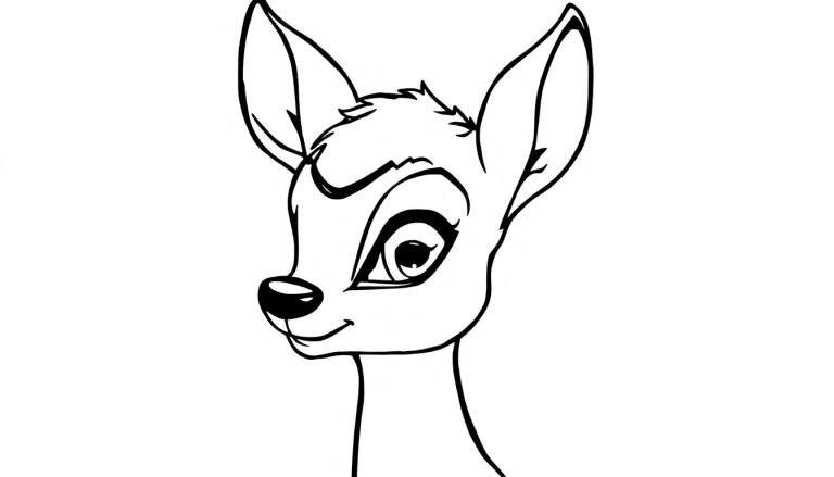 Kleurplaat van een cartoonachtig reekalfje met grote ogen, een lachende mond en puntige oren. Het dier kijkt vriendelijk naar links.