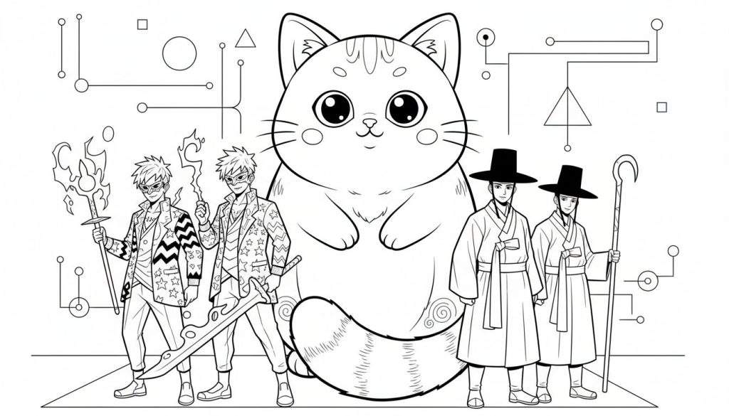 Kleurplaat met een grote schattige kat in het midden, twee krijgers aan de linkerkant met vlammenstaf en zwaard, en twee Koreaanse mannen in traditionele kleding aan de rechterkant. De achtergrond is gevuld met abstracte geometrische vormen.