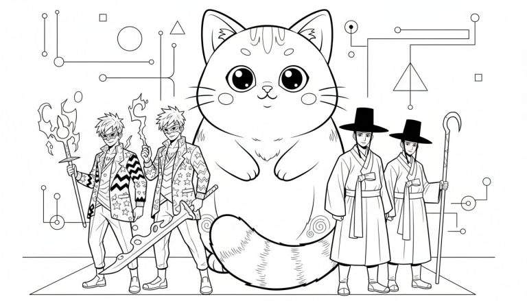 Kleurplaat met een grote schattige kat in het midden, twee krijgers aan de linkerkant met vlammenstaf en zwaard, en twee Koreaanse mannen in traditionele kleding aan de rechterkant. De achtergrond is gevuld met abstracte geometrische vormen.