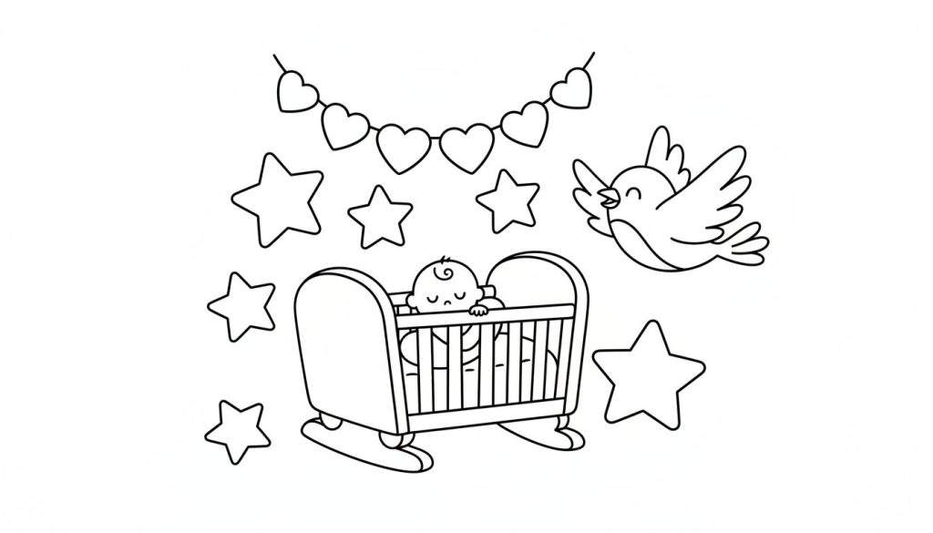 Kleurplaat van een slapende baby in een schommelwieg met een slinger van hartjes en sterren erboven. Een zingende vogel vliegt rechtsboven.