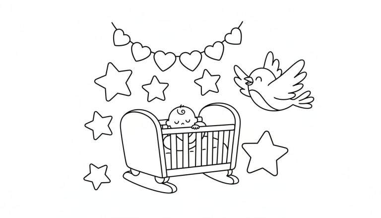 Kleurplaat van een slapende baby in een schommelwieg met een slinger van hartjes en sterren erboven. Een zingende vogel vliegt rechtsboven.