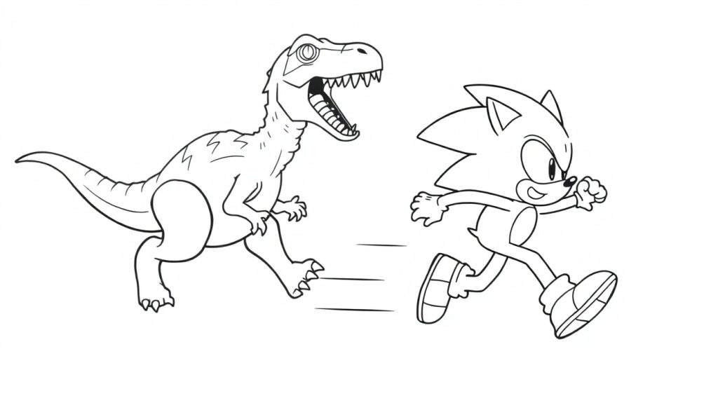 Kleurplaat van Sonic the Hedgehog die wegrent voor een mechanische Velociraptor met scherpe tanden, met snelheidslijnen ertussen.