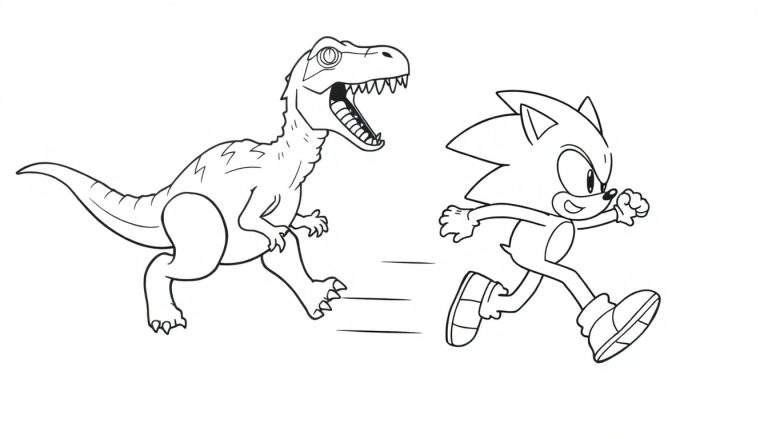 Kleurplaat van Sonic the Hedgehog die wegrent voor een mechanische Velociraptor met scherpe tanden, met snelheidslijnen ertussen.