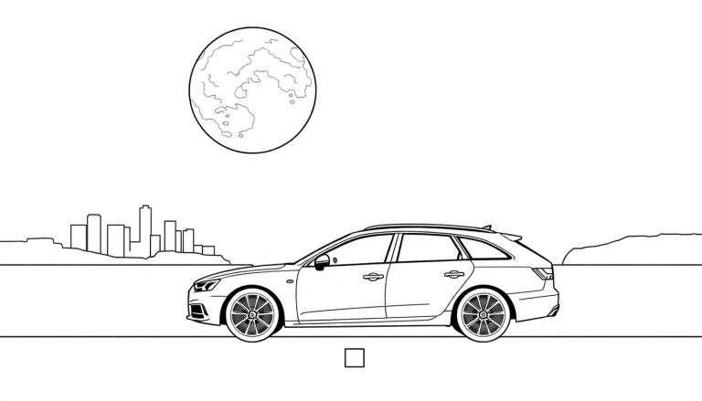 Kleurplaat van een stationwagon met stad op de achtergrond en maan.