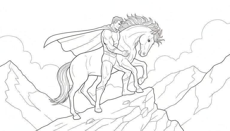 Zwart-wit lijntekening van een gespierde superheld met een wapperende cape die naast een paard met een weelderige manen staat, beide op een rotsachtige bergtop met kliffen en bergen op de achtergrond.
