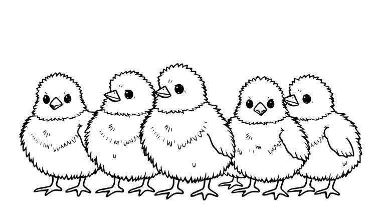 Vijf pluizige, schattige kuikentjes op een rij, getekend in zwart-wit lijnstijl voor een kleurplaat.