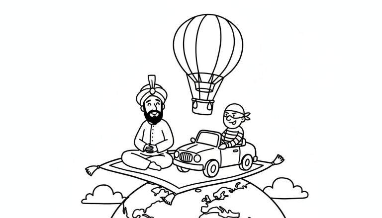 Zwart-wit tekening van een vliegend tapijt met een man met tulband en een piraat in een cabriolet, onder een grote heteluchtballon, zwevend boven wolken en de aarde.