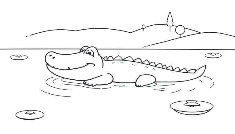 Een zwart-wit illustratie van een lachende krokodil die half in het water ligt, met golven. Op de achtergrond glooiende heuvels met drie bomen. Vier ronde schijven drijven in het water. De tekening is bedoeld om in te kleuren.