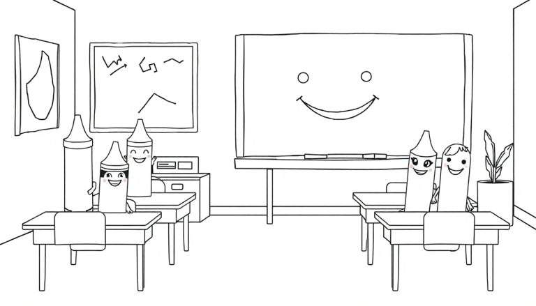 Kleurplaat van een vrolijk klaslokaal met lachende waskrijtjes aan schoolbankjes, een groot schoolbord met een smiley en een kamerplant.