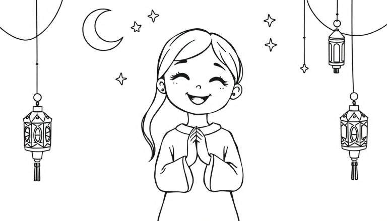Kleurplaat van een lachend meisje met samengevouwen handen, een halve maan en sterren erboven, en versierde lantaarns aan de zijkanten.