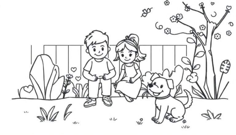 Zwart-wit kleurplaat van een vrolijke scène buiten met een jongen, meisje, hond, bloemen en vlinders.