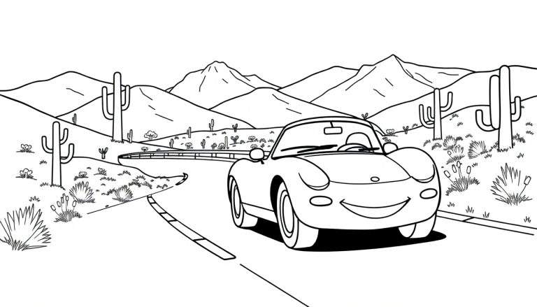 Zwart-wit lijntekening van een vrolijke cabriolet met een glimlachend gezicht dat rijdt op een kronkelende weg door een woestijnlandschap met cactussen en bergen.