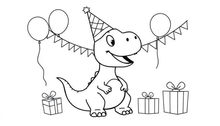 Zwart-wit kleurplaat van een vrolijke dinosaurus met een feestmuts, ballonnen, vlaggenlijn en cadeautjes.
