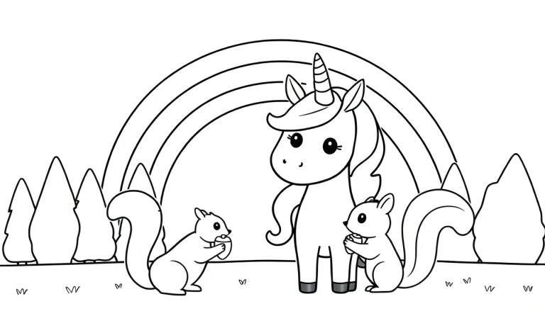 Kleurplaat van een eenhoorn met twee eekhoorntjes, een regenboog en bomen.