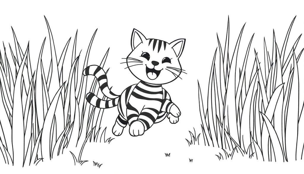 Zwart-wit lijntekening van een lachende, gestreepte kat die door hoog gras springt.