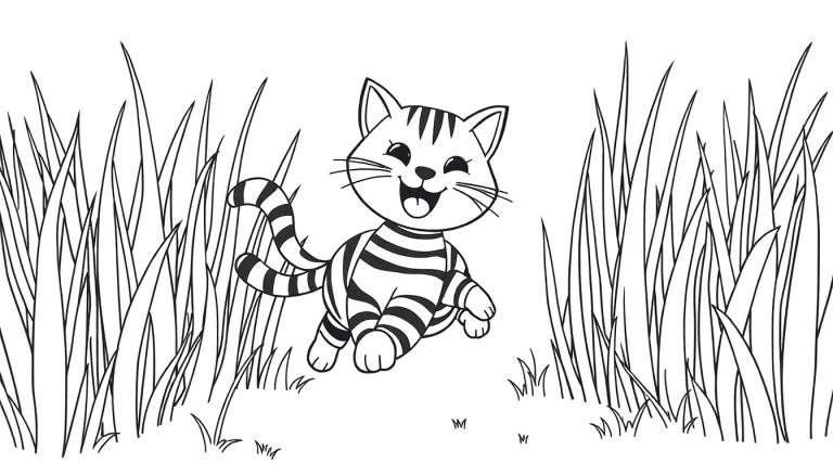 Zwart-wit lijntekening van een lachende, gestreepte kat die door hoog gras springt.