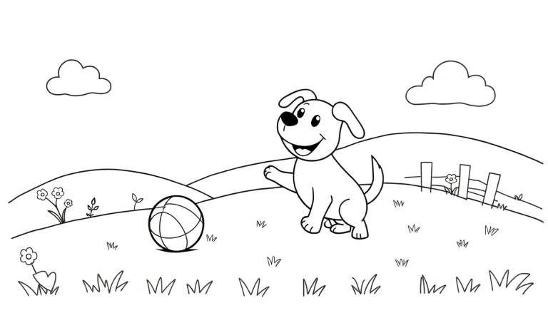 Zwart-wit tekening van een blije hond die met zijn poot omhoog een bal uitnodigt tot spelen, in een landschap met gras, bloemen en heuvels.