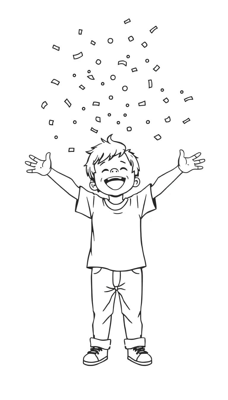 Kleurplaat van een blijde jongen die lacht met zijn armen wijd open, met confetti en cirkels die naar beneden dwarrelen.