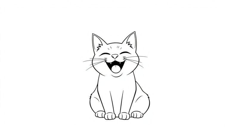 Zwart-witte lijntekening van een kat die uitbundig lacht met gespleten ogen, open mond en zichtbare tong en tanden.