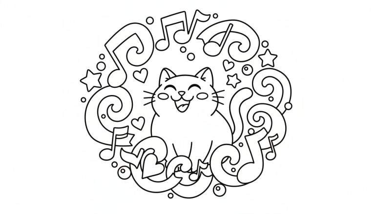 Kleurplaat van een lachende kat omringd door muzieknoten, hartjes, sterren en krullen in een cirkelvormige rand.