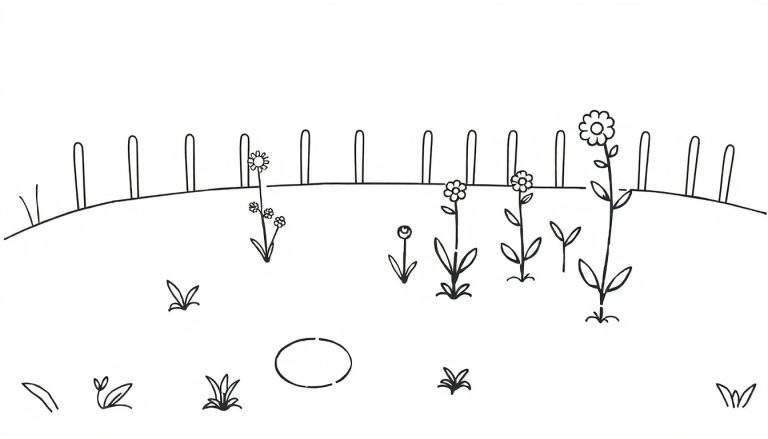 Kleurplaat van een tuin met madeliefjes, een hek en een lege ovale vorm.