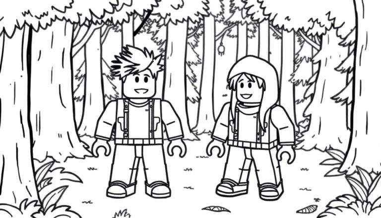 Kleurplaat van een jongen en een meisje in Lego-stijl die lachend in een bos staan. Ze dragen rugzakken en om hen heen staan hoge bomen.