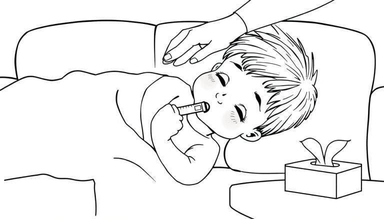 Kleurplaat van een ziek kind met thermometer in bed, met een zorgzame volwassen hand op de rug.