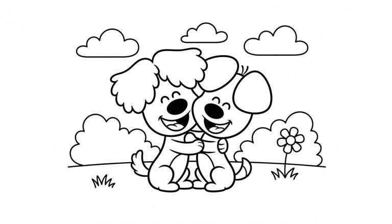 Lijntekening kleurplaat van Woezel en Pip, twee vrolijke, lachende hondjes die elkaar knuffelen op een groene gras ondergrond met wolken, struiken en een bloem.
