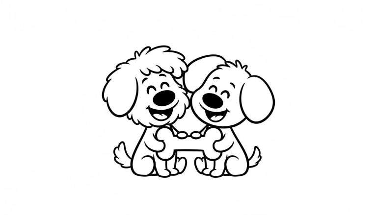 Zwart-wit lijntekening van Woezel en Pip, vrolijk zittend en samen een bot vasthoudend. Woezel heeft ruiger haar, Pip is gladder.