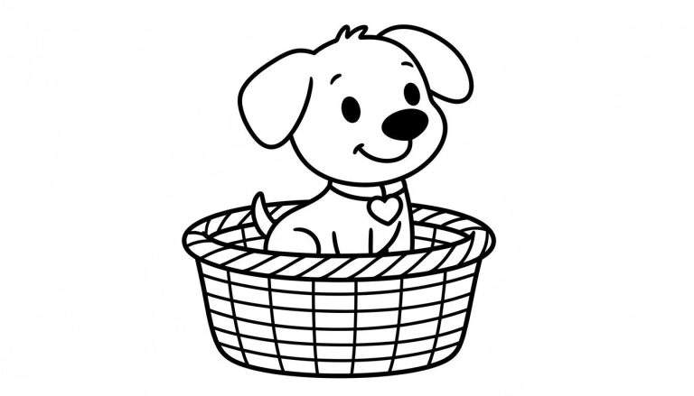 Lijntekening van een schattig tekenfilmhondje, Woezel en Pip-stijl, zittend in een gevlochten mand met een halsbandje met hartje, ideaal als kleurplaat.