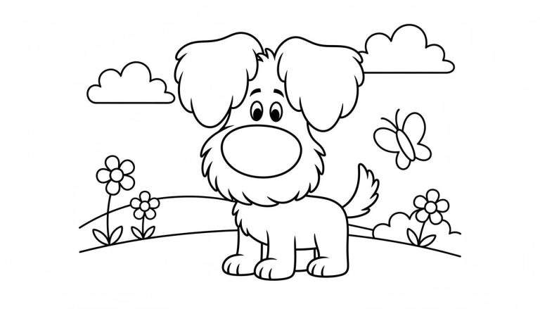 Kleurplaat van Woezel en Pip: schattige, cartoonachtige hond met hangoren op een glooiend grasveld, omringd door bloemen, een zwevende vlinder en drie wolken. Zwart-wit lijntekening voor kinderen.
