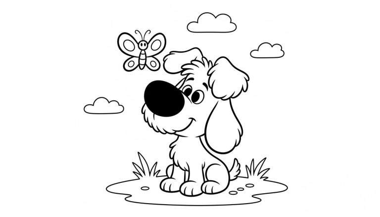 Kleurplaat van lachende hond Woezel (uit Woezel en Pip) met vlinder, wolken en gras.