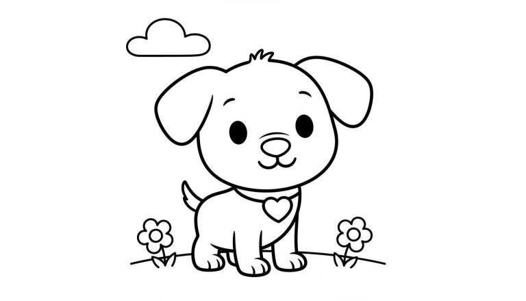 Zwart-wit kleurplaat van een vrolijk lachende puppy van Woezel en Pip, met grote ronde ogen, een klein neusje en hangoren, staand in het midden van de afbeelding. De puppy draagt een halsbandje met een hartje. Links bovenaan zweeft een wolkje en aan weerszijden van het hondje staan twee eenvoudige bloemetjes op de grond. De kleurplaat heeft een kinderlijke, uitnodigende stijl.