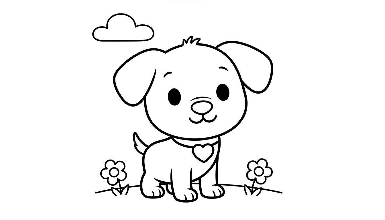 Zwart-wit kleurplaat van een vrolijk lachende puppy van Woezel en Pip, met grote ronde ogen, een klein neusje en hangoren, staand in het midden van de afbeelding. De puppy draagt een halsbandje met een hartje. Links bovenaan zweeft een wolkje en aan weerszijden van het hondje staan twee eenvoudige b