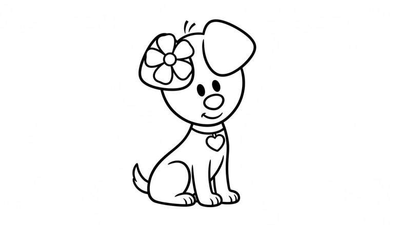 Kleurplaat van Woezel, het hondje, zittend met een bloem op zijn linkeroor en een halsband met hartvormige penning.