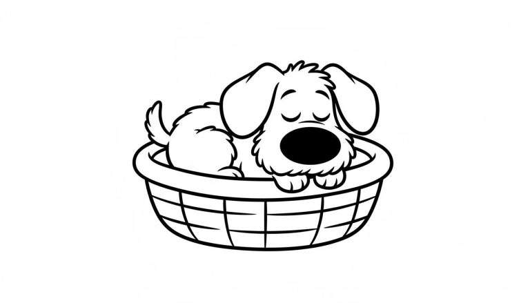 Zwart-wit kleurplaat van Woezel (de hond van Woezel en Pip) die rustig slaapt in een gevlochten mand met gesloten ogen.