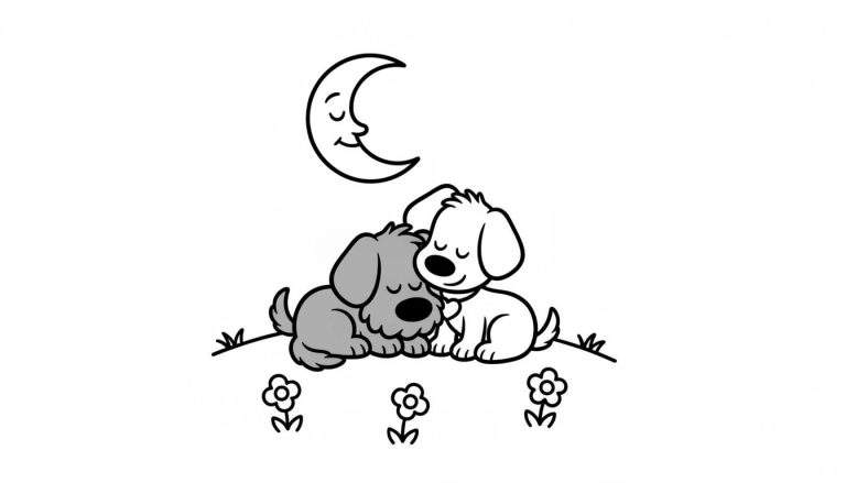 Kleurplaat van Woezel (grijs) en Pip (wit, alleen omtrek) die knuffelend slapen onder een halve maan met een gezichtje en gesloten ogen, met drie kleine bloemen op de grond.