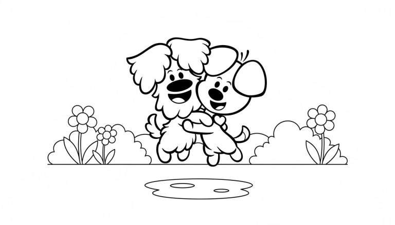 Zwart-wit kleurplaat van Woezel en Pip die elkaar knuffelen, met pluizige en gladde vacht, lachende gezichten, struiken, bloemen en een plas water.