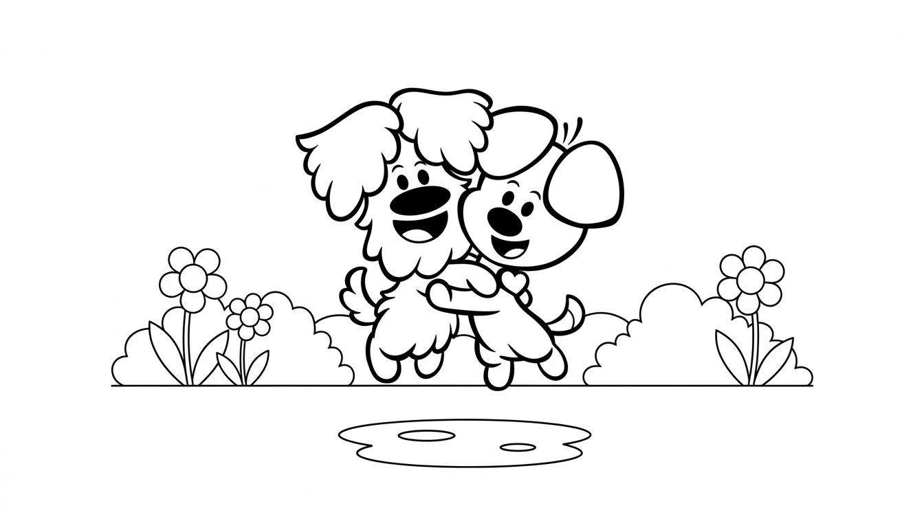 Zwart-wit kleurplaat van Woezel en Pip die elkaar knuffelen, met pluizige en gladde vacht, lachende gezichten, struiken, bloemen en een plas water.
