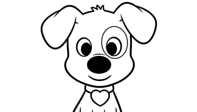 Kleurplaat van een vrolijk Woezel en Pip hondje met grote ogen, een vlek rond het linkeroog, een halsband en een hartvormige hanger.