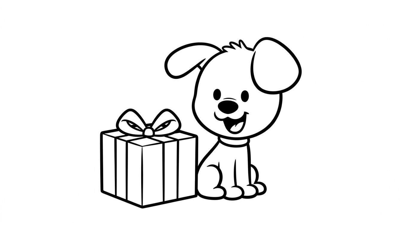 Zwart-wit kleurplaat van Woezel de hond, met grote oren en een lachende uitdrukking, zittend rechts van een rechthoekig ingepakt cadeau met een strik.