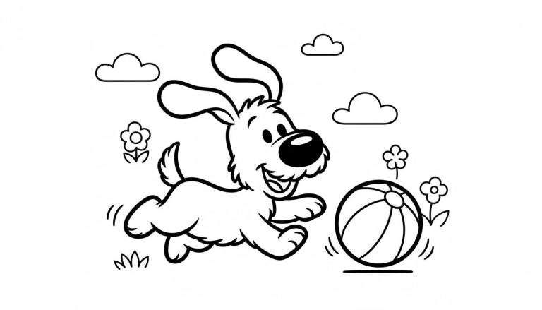 Kleurplaat van Woezel of Pip, een vrolijke hond die springt of rent met een gestreepte strandbal in een buitenomgeving met wolken en bloemen.