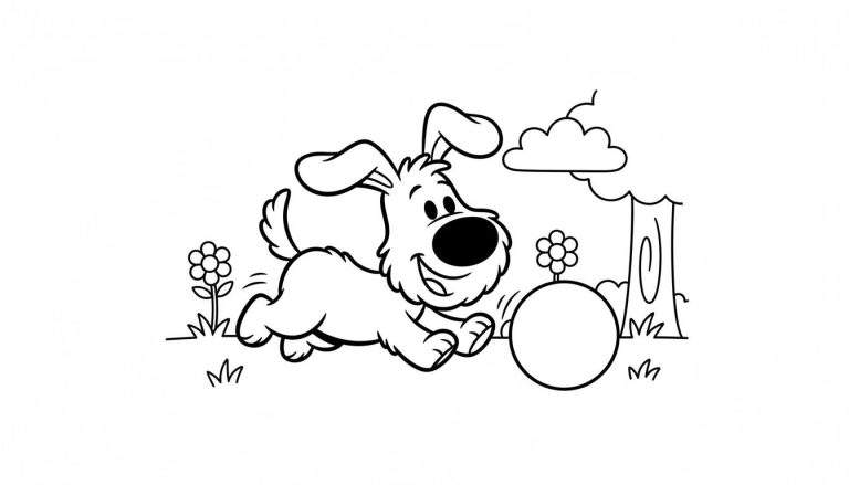 Zwart-wit kleurplaat van Woezel, de vrolijke hond uit Woezel en Pip, die rent of huppelt met een bal in een buitenomgeving met gras, bloemen, een boomstam en een wolk.