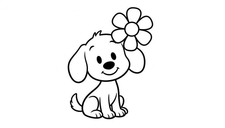 Zwart-wit kleurplaat van Woezel, een schattige, lachende puppy met grote hangoren en een bloem achter zijn oor.