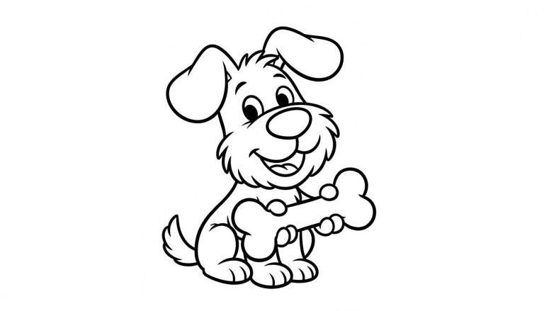 Kleurplaat van Woezel, de vrolijke hond met flaporen, die lachend een groot bot vasthoudt.