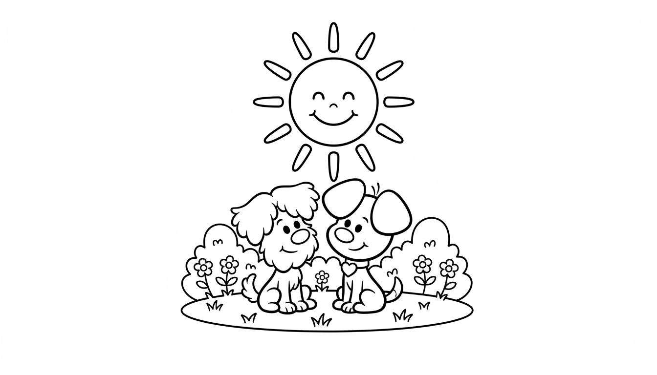 Kleurplaat van Woezel en Pip, twee vrolijke honden, zittend onder een lachende zon, omringd door struiken, bloemen en gras. De linkerhond is pluizig, de rechterhond heeft een halsbandje met een hartje.