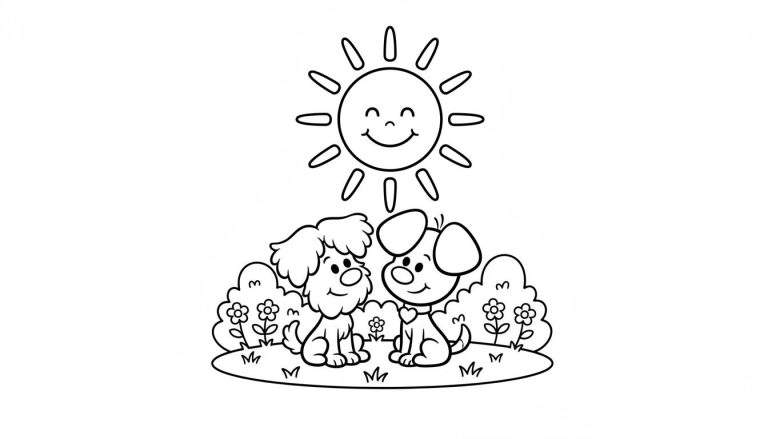 Woezel en Pip kleurplaat met twee blije puppy's op gras, omringd door bloemen en bosjes, onder een lachende zon met stralen. De linker puppy is pluizig, de rechter heeft hangoren en een hartjes halsband.